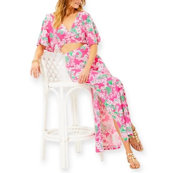LILLY PULITZER Minka Maxi Skirt 2 Piece Set Roxie Pink Worth A Look Crop Top NWT